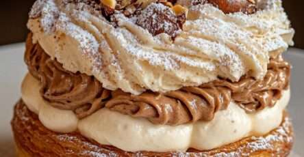 Paris-Brest traditionnel garni d’une crème praliné noisette, saupoudré de sucre glace et de noisettes concassées.