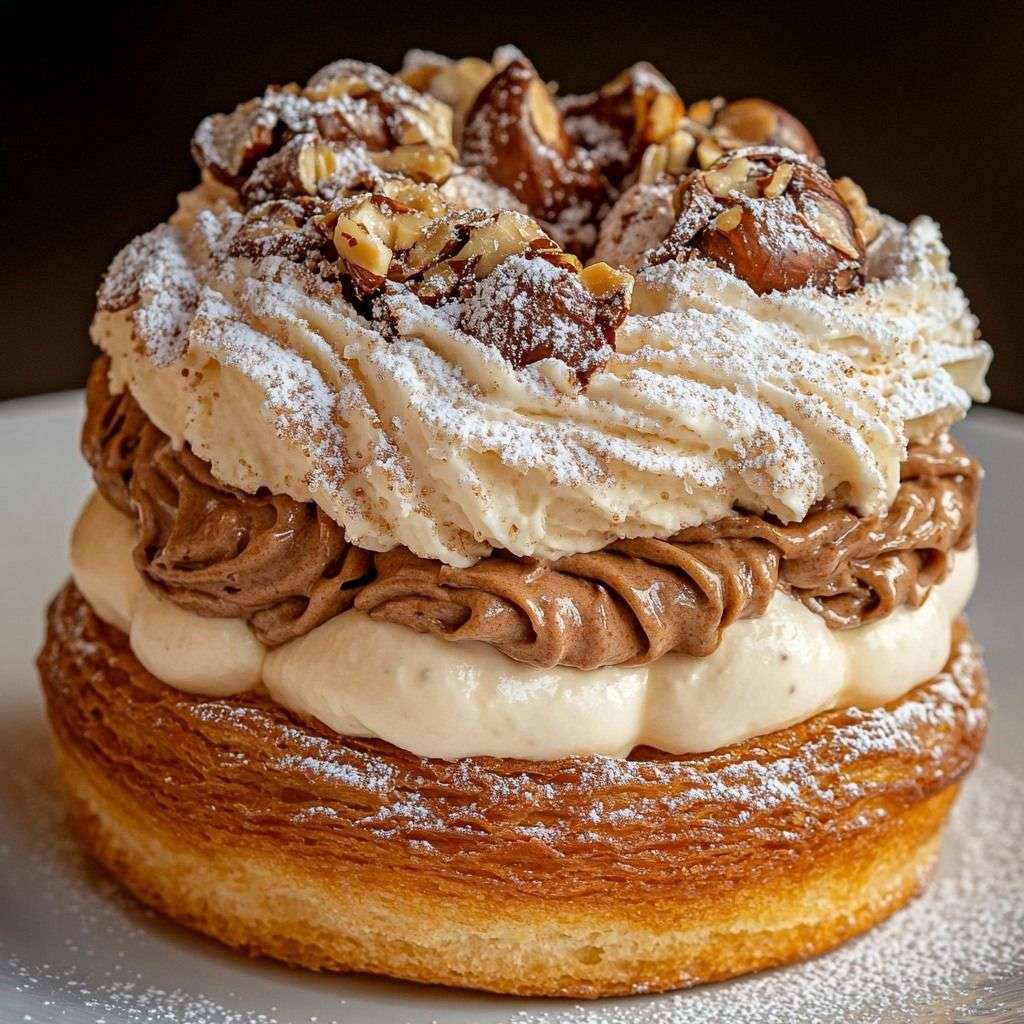 Paris-Brest traditionnel garni d’une crème praliné noisette, saupoudré de sucre glace et de noisettes concassées.