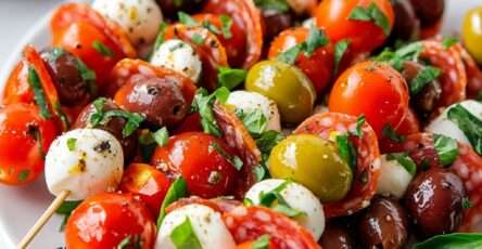 Brochettes d’antipasti italiennes composées de tomates cerises, mozzarella, salami, olives et basilic, disposées sur un plateau pour l’apéritif