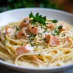 Assiette de spaghetti au saumon enrobés de sauce crémeuse, parsemés d’herbes fraîches et légèrement citronnés