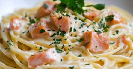 Assiette de spaghetti au saumon enrobés de sauce crémeuse, parsemés d’herbes fraîches et légèrement citronnés