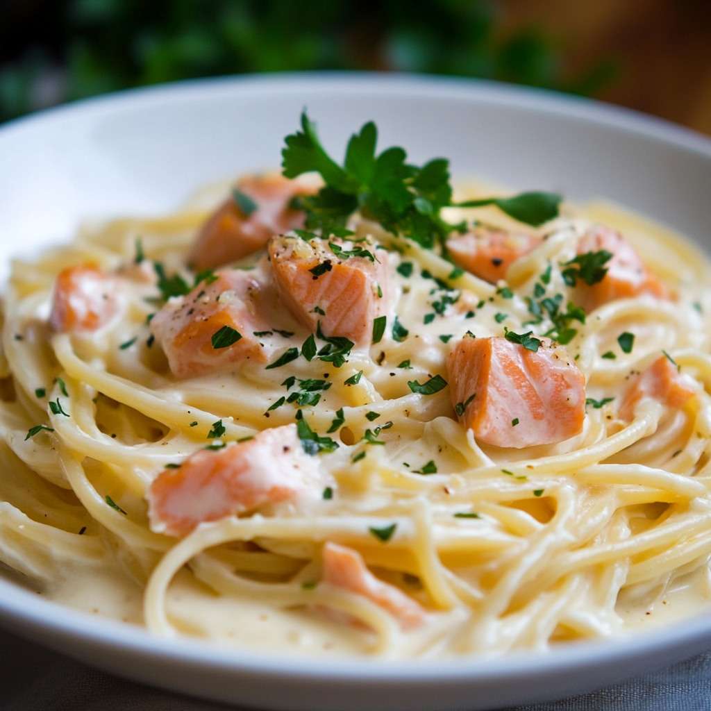 Assiette de spaghetti au saumon enrobés de sauce crémeuse, parsemés d’herbes fraîches et légèrement citronnés