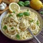 Spaghetti nappés d’une sauce crémeuse au citron, ail et parmesan, servis avec basilic frais.