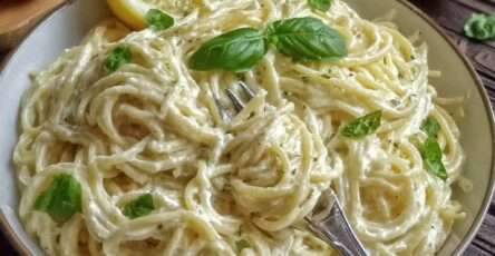 Spaghetti nappés d’une sauce crémeuse au citron, ail et parmesan, servis avec basilic frais.