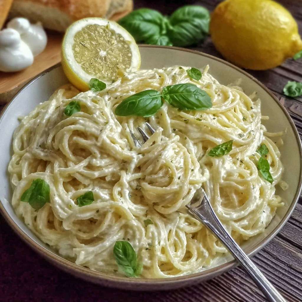 Spaghetti nappés d’une sauce crémeuse au citron, ail et parmesan, servis avec basilic frais.