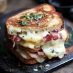 Croque raclette au bacon bien doré coupé en deux, laissant apparaître le fromage fondu entre deux tranches de pain grillé