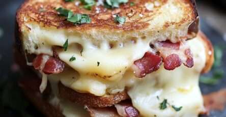 Croque raclette au bacon bien doré coupé en deux, laissant apparaître le fromage fondu entre deux tranches de pain grillé