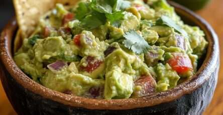 Bol de guacamole maison crémeux préparé avec avocats, citron vert, oignon, coriandre et tomate, servi avec des tortillas croustillantes