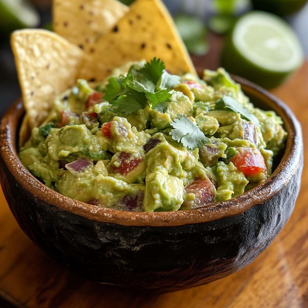 Bol de guacamole maison crémeux préparé avec avocats, citron vert, oignon, coriandre et tomate, servi avec des tortillas croustillantes