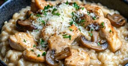 Assiette de risotto crémeux au poulet et aux champignons, parsemée de parmesan et de persil frais