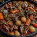 Bœuf mijoté en cocotte avec carottes et pommes de terre, sauce riche et onctueuse façon cuisine traditionnelle.