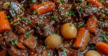 Bœuf mijoté en cocotte avec carottes et pommes de terre, sauce riche et onctueuse façon cuisine traditionnelle.