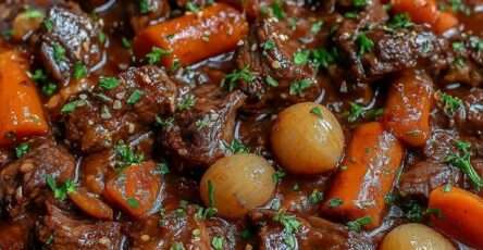 Bœuf mijoté en cocotte avec carottes et pommes de terre, sauce riche et onctueuse façon cuisine traditionnelle.