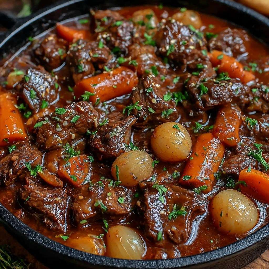 Bœuf mijoté en cocotte avec carottes et pommes de terre, sauce riche et onctueuse façon cuisine traditionnelle.
