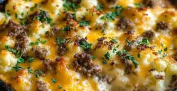 Gratin de viande hachée au chou-fleur recouvert de cheddar fondu et doré, servi chaud dans un plat familial avec persil frais haché