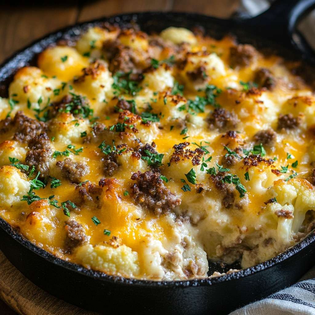 Gratin de viande hachée au chou-fleur recouvert de cheddar fondu et doré, servi chaud dans un plat familial avec persil frais haché