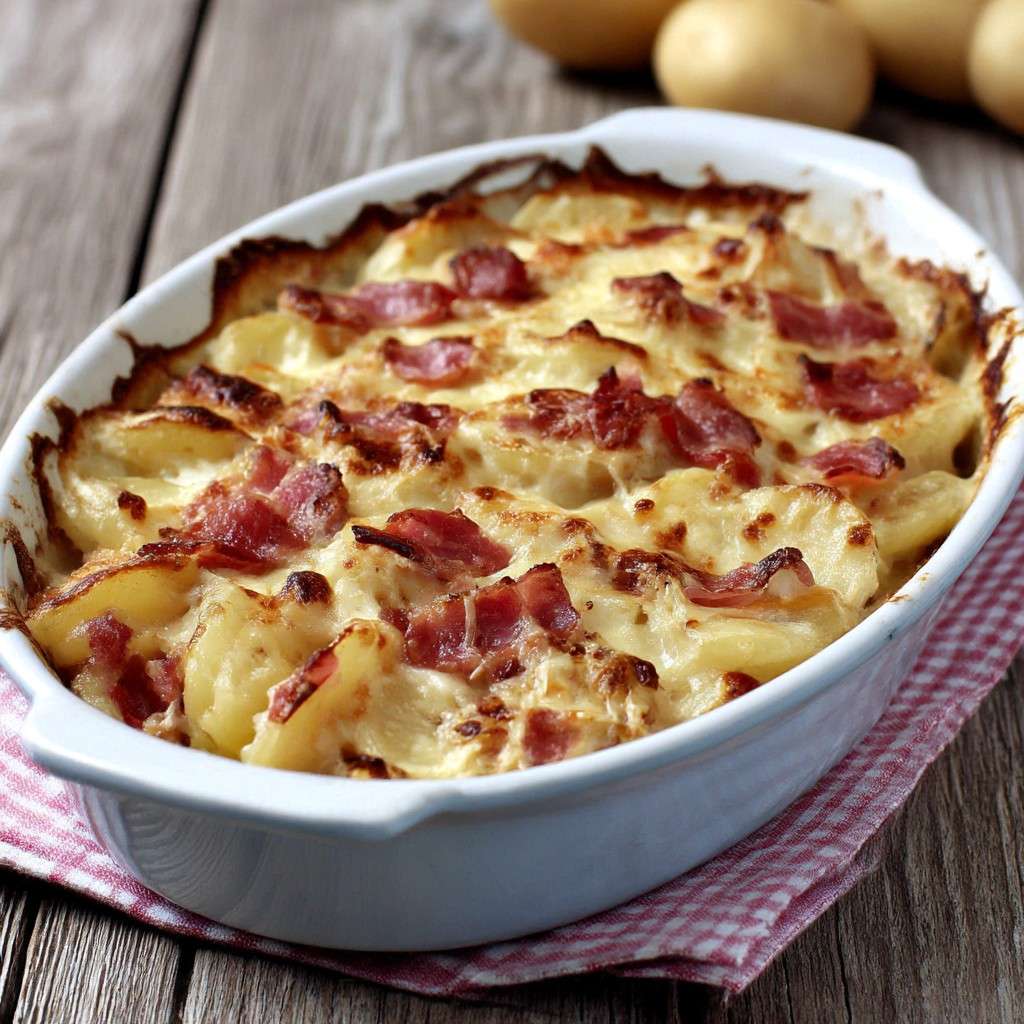 Gratin de pommes de terre aux lardons, crémeux et doré au four, servi dans un plat familial.