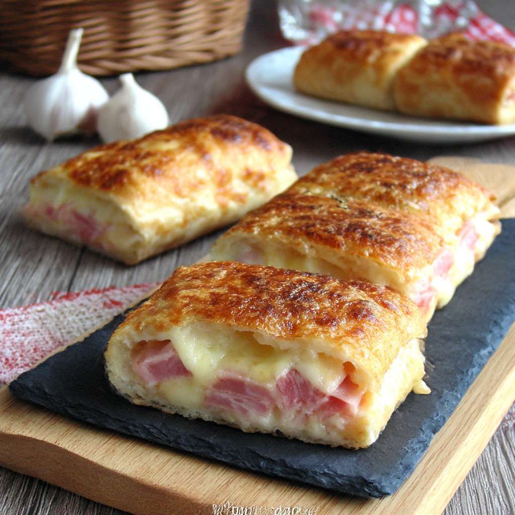 Croque-monsieur roulé doré à la poêle, coupé en bouchées apéritives avec fromage fondu et jambon.