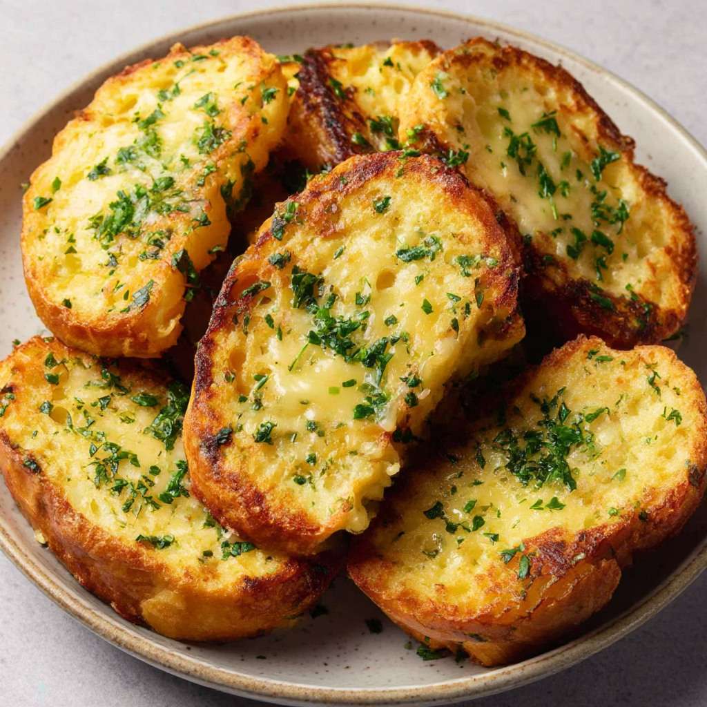 Pain perdu salé doré à la poêle avec fromage fondu, persil frais et herbes aromatiques servi chaud.