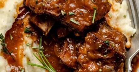 Côtes de bœuf braisées au vin rouge, fondantes et nappées de sauce, servies avec une purée de pommes de terre crémeuse et des herbes fraîches