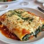 Plat de cannellonis aux épinards et ricotta, nappés de sauce tomate et gratinés avec mozzarella et parmesan