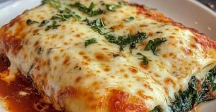 Plat de cannellonis aux épinards et ricotta, nappés de sauce tomate et gratinés avec mozzarella et parmesan