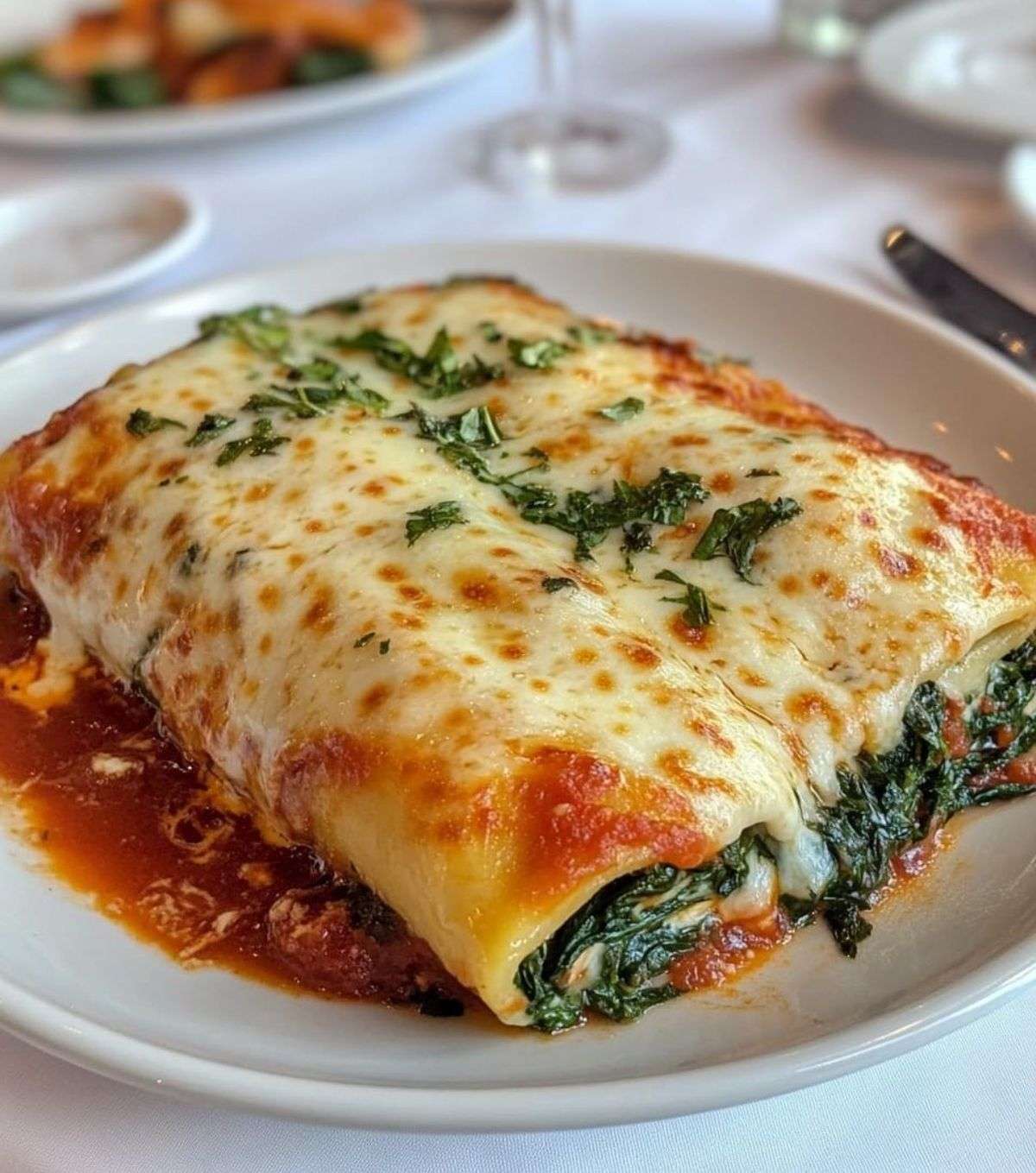 Plat de cannellonis aux épinards et ricotta, nappés de sauce tomate et gratinés avec mozzarella et parmesan