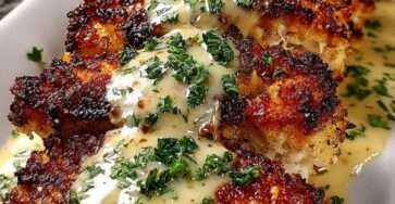 Poulet pané croustillant servi avec une sauce crémeuse à l’ail et au parmesan, parsemé de persil frais.