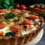 Tarte salée rustique aux épinards fondants, tomates cerises rôties et fromage gratiné doré au four, servie en parts généreuses.
