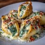Conchiglioni farcis à la ricotta et aux épinards gratinés au parmesan, dorés au four et servis dans un plat familial.