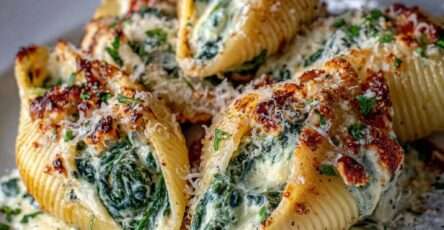 Conchiglioni farcis à la ricotta et aux épinards gratinés au parmesan, dorés au four et servis dans un plat familial.