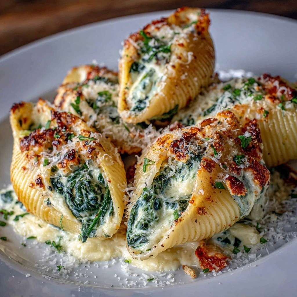 Conchiglioni farcis à la ricotta et aux épinards gratinés au parmesan, dorés au four et servis dans un plat familial.