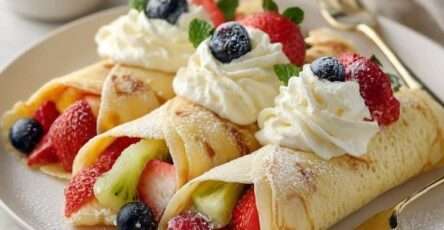 Crêpes roulées garnies de fruits frais colorés et de chantilly maison, saupoudrées de sucre glace et décorées de menthe.