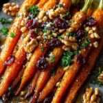 Carottes rôties au four légèrement caramélisées au miel, garnies de noix concassées, canneberges séchées et persil frais