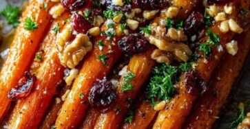 Carottes rôties au four légèrement caramélisées au miel, garnies de noix concassées, canneberges séchées et persil frais