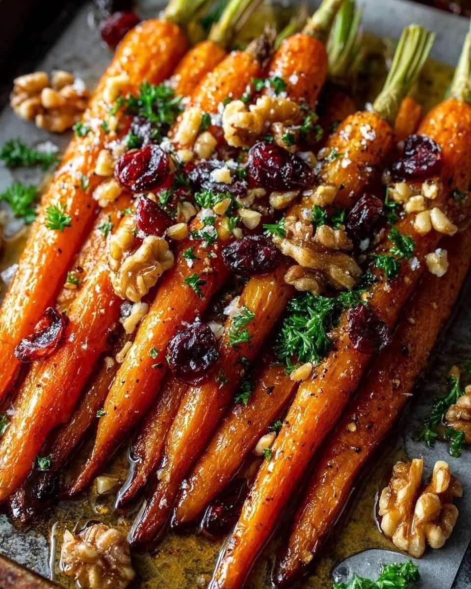 Carottes rôties au four légèrement caramélisées au miel, garnies de noix concassées, canneberges séchées et persil frais