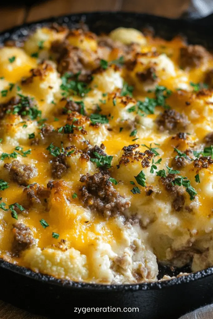 Gratin de viande hachée au chou-fleur recouvert de cheddar fondu et doré, servi chaud dans un plat familial avec persil frais haché