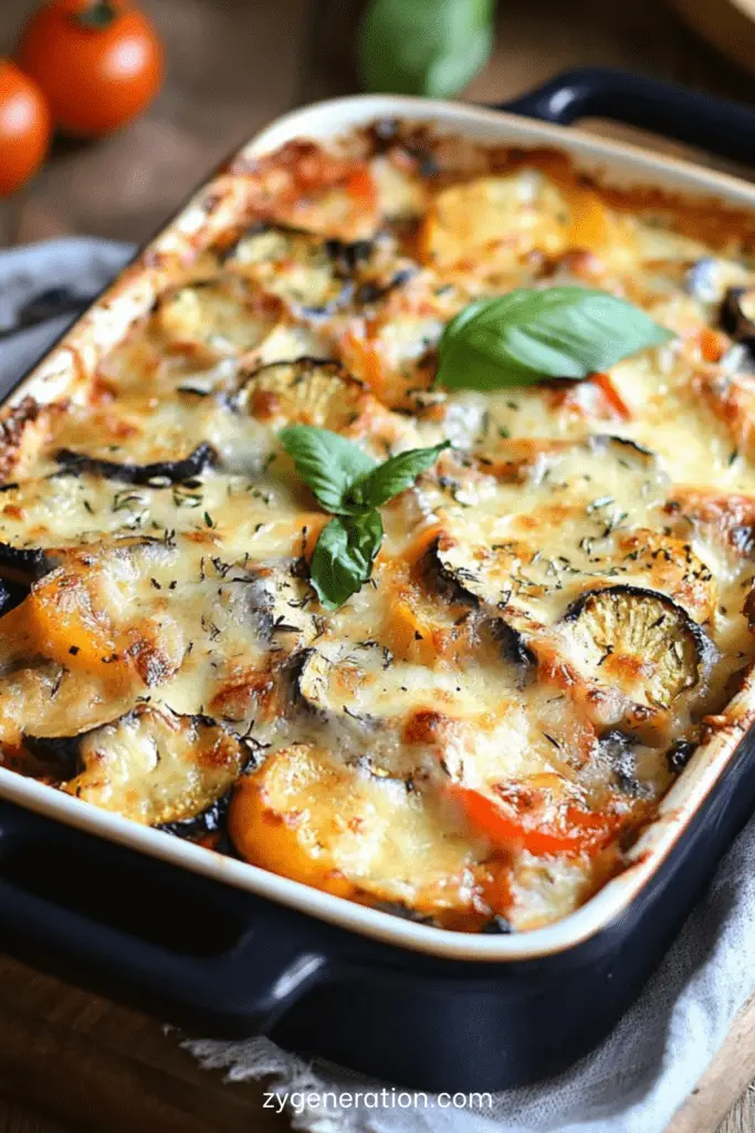 Gratin de légumes au fromage doré au four dans un plat, avec courgettes, carottes et aubergines recouvertes de fromage râpé fondu