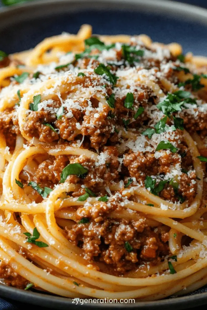 Assiette de spaghetti bolognaise maison nappée de sauce tomate à la viande hachée, garnie de parmesan râpé et de basilic frais