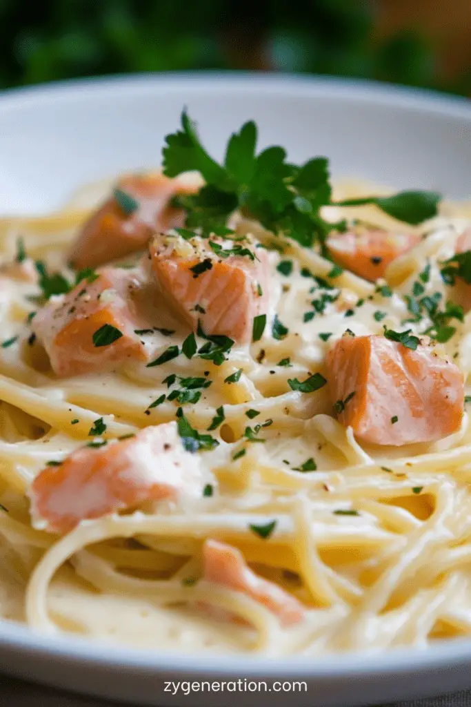 Assiette de spaghetti au saumon enrobés de sauce crémeuse, parsemés d’herbes fraîches et légèrement citronnés