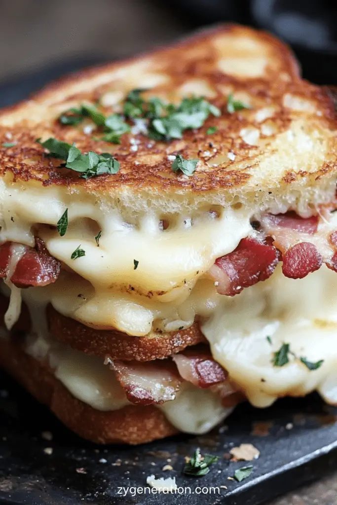 Croque raclette au bacon bien doré coupé en deux, laissant apparaître le fromage fondu entre deux tranches de pain grillé