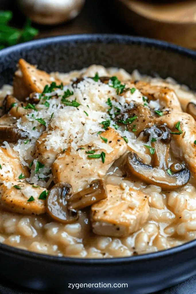 Assiette de risotto crémeux au poulet et aux champignons, parsemée de parmesan et de persil frais