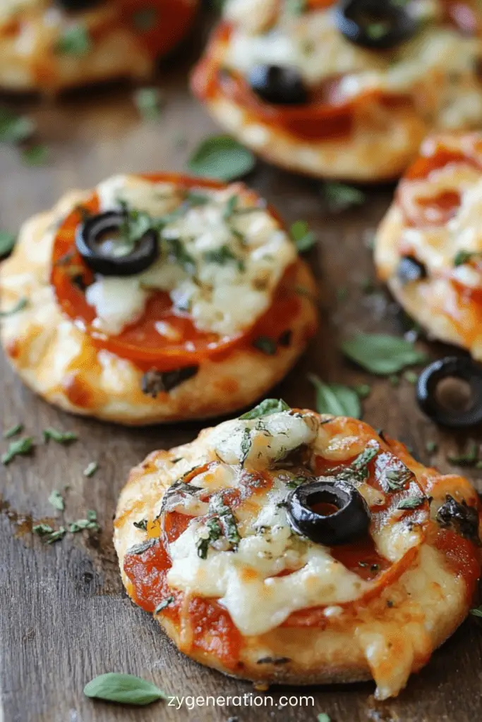 Mini-pizzas apéritives dorées au four, garnies de sauce tomate, mozzarella fondue et tranches de pepperoni avec un peu d’herbes