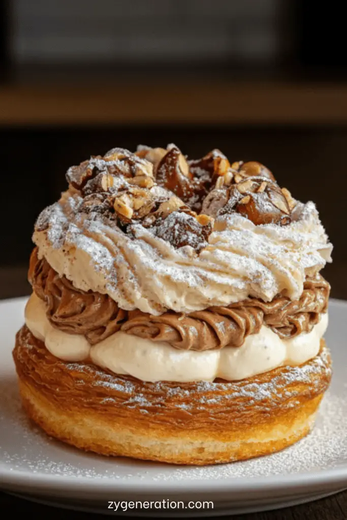 Paris-Brest traditionnel garni d’une crème praliné noisette, saupoudré de sucre glace et de noisettes concassées.