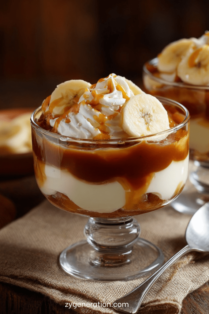 Verrine dessert avec crème mascarpone, rondelles de banane, caramel beurre salé et chantilly.