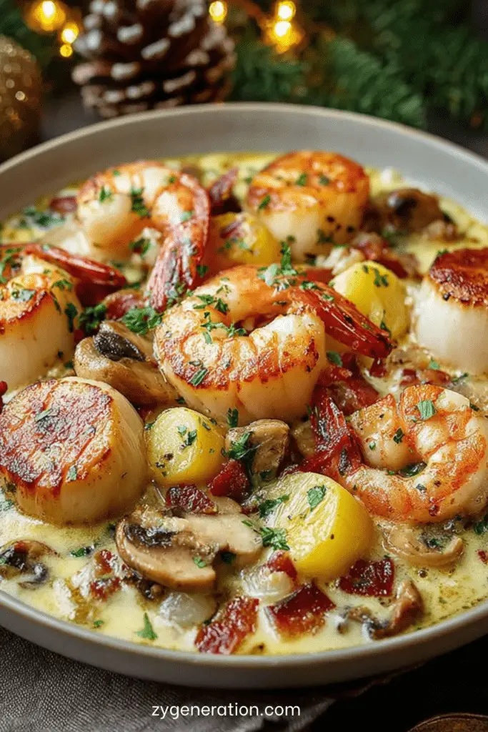 Assiette de Saint-Jacques et crevettes nappées d’une sauce crémeuse aux champignons avec pommes de terre grenailles.