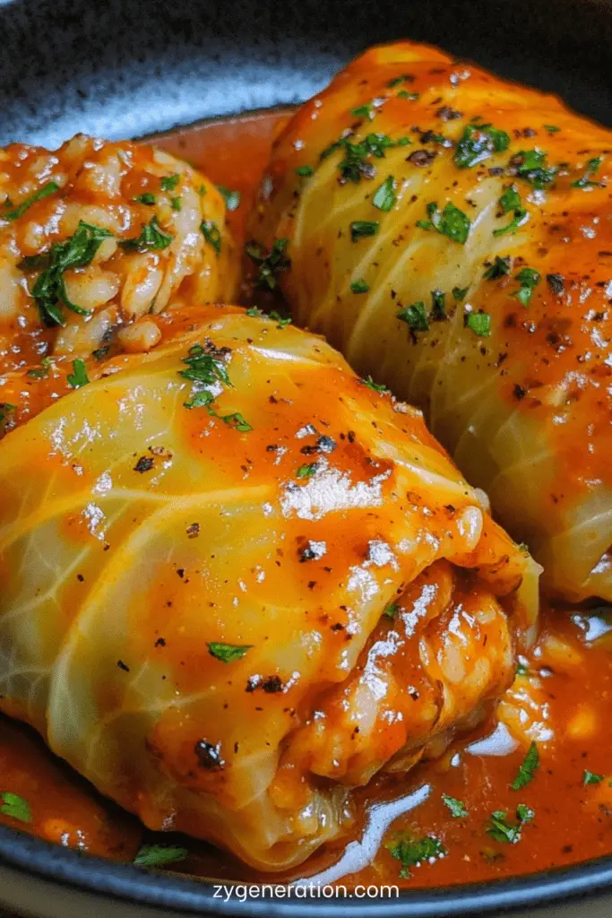 Choux farcis maison mijotés dans une sauce tomate onctueuse, servis chauds dans une cocotte.