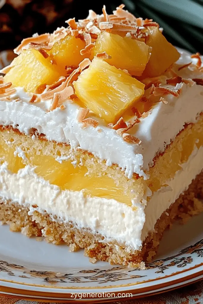Gâteau au yaourt garni d’ananas et recouvert d’une crème coco onctueuse, décoré de noix de coco râpée.