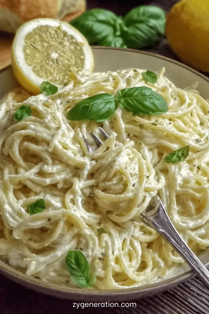 Spaghetti nappés d’une sauce crémeuse au citron, ail et parmesan, servis avec basilic frais.