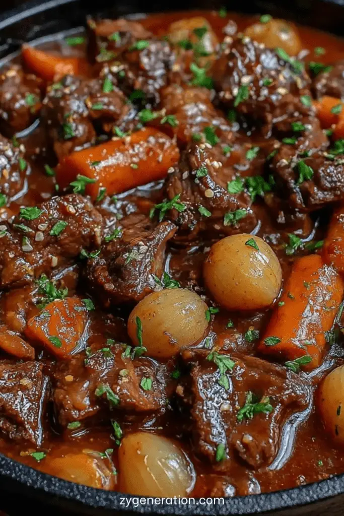 Bœuf mijoté en cocotte avec carottes et pommes de terre, sauce riche et onctueuse façon cuisine traditionnelle.